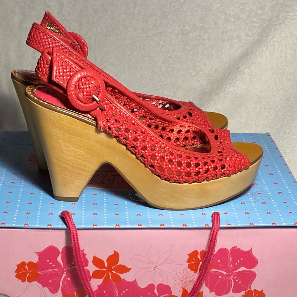 IC Poetic License platform sling back peep toe sandal,dark pink basketweave,US 7 - Picture 4 of 13